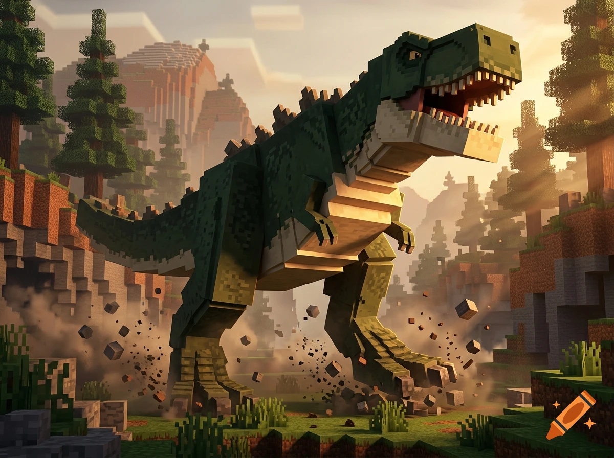 A Minecraft-style green T-Rex stomping through a blocky forest at sunset, kicking up dirt and debris.
