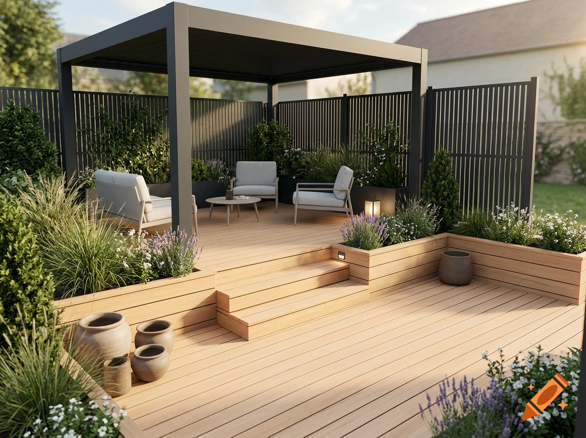 Photorealistic image of a modern two-level wooden terrace with a pergola, lounge furniture, potted plants, and privacy fence.