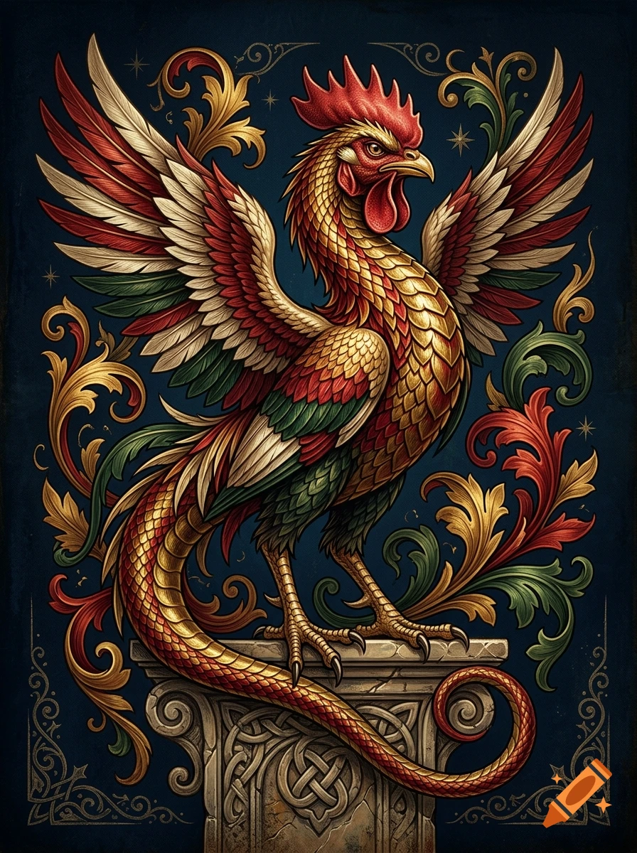 Detailed heraldic cockatrice with feathered wings and a serpentine tail standing on a stone pillar, digital illustration style.