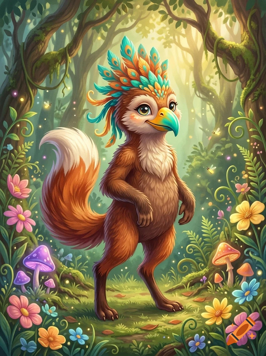 A whimsical fantasy creature with feathered crest, bushy tail, and beak stands in a magical forest surrounded by glowing flora, flowers, and mushrooms.