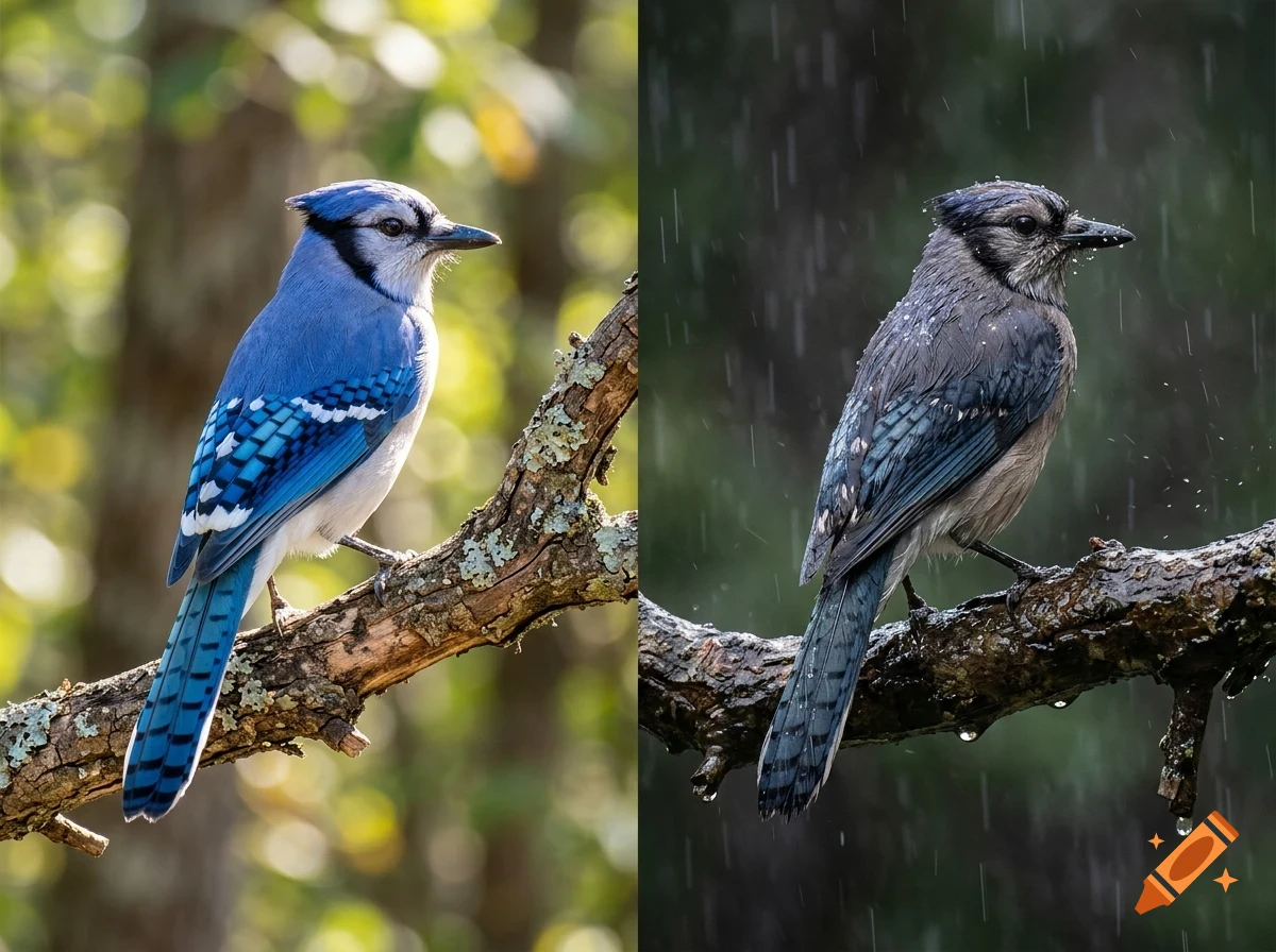 Two-panel image showing a blue jay perched on a branch, with the left panel showing it in clear weather and the right panel in the rain.