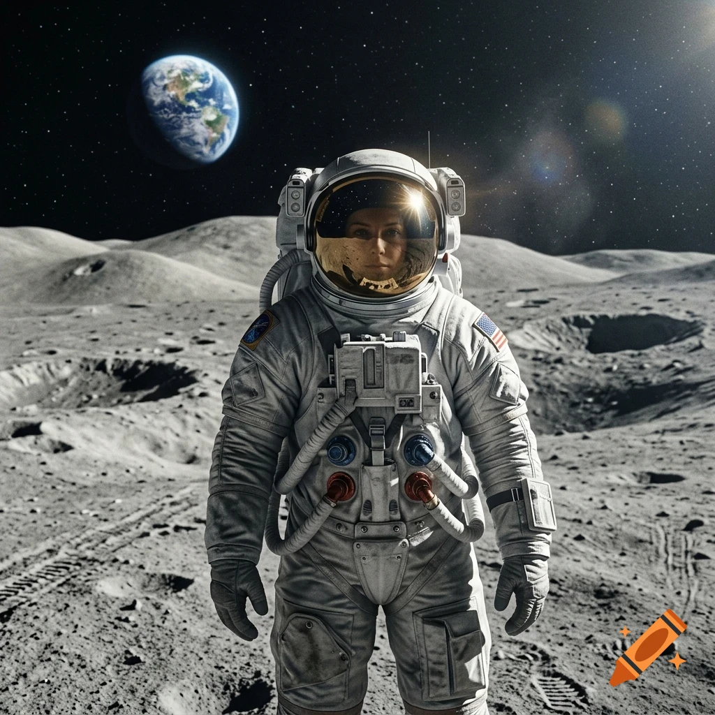 An astronaut wearing a detailed spacesuit stands on the lunar surface, with the Earth visible in the starry black sky above.