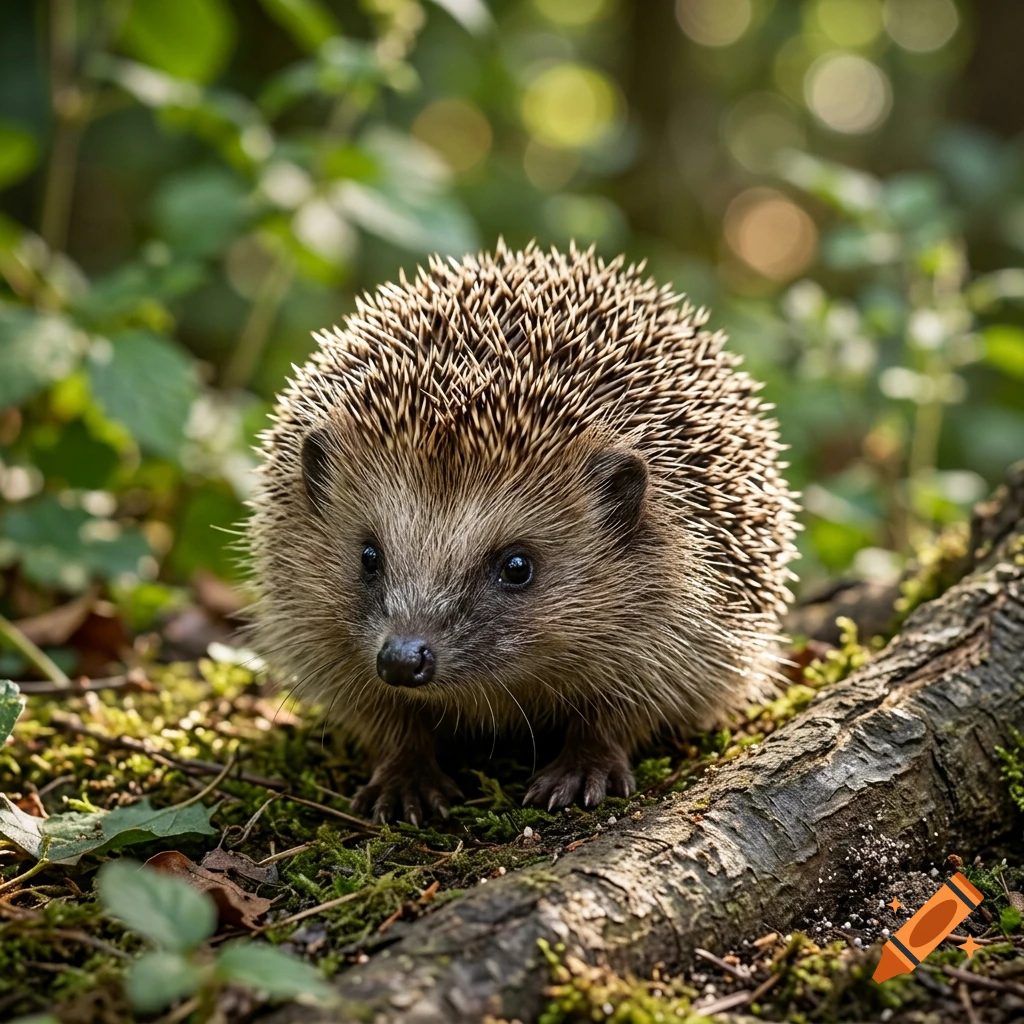 A photorealistic hedgehog standing on moss and a fallen log in a lush green forest.