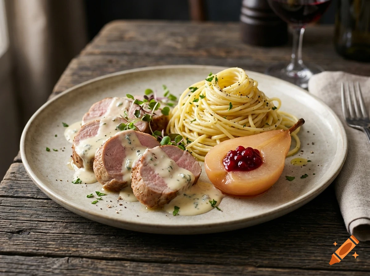 A gourmet dish featuring sliced pork tenderloin with creamy sauce, a twirl of spaghetti, and a poached pear topped with red berries on a rustic plate.