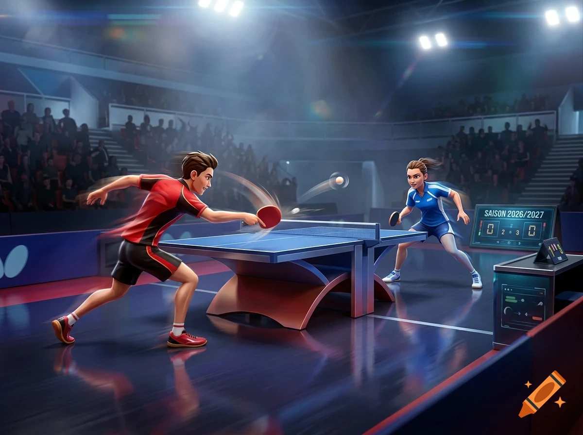 Two people playing table tennis in an indoor arena