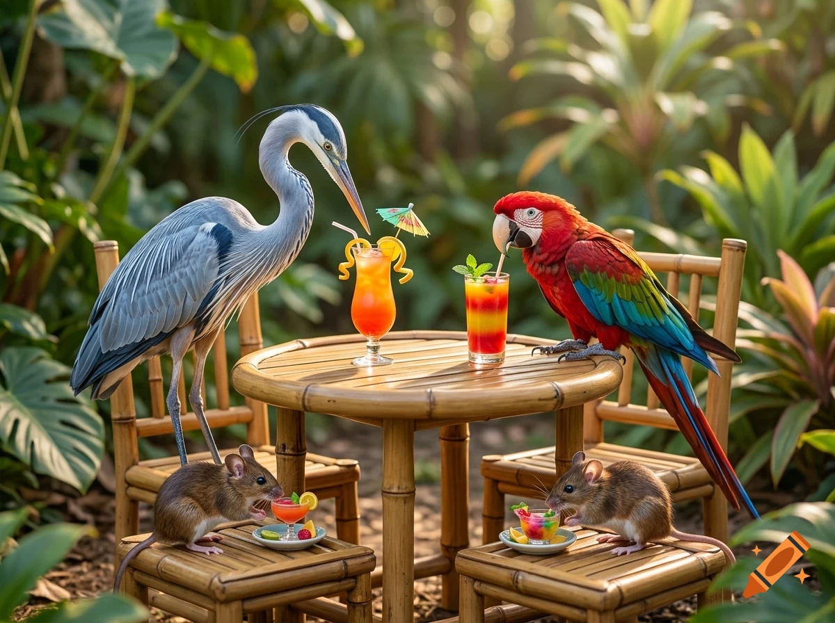 A heron, a parrot, and two mice sitting around a miniature bamboo table in a lush jungle, each enjoying a tropical drink.