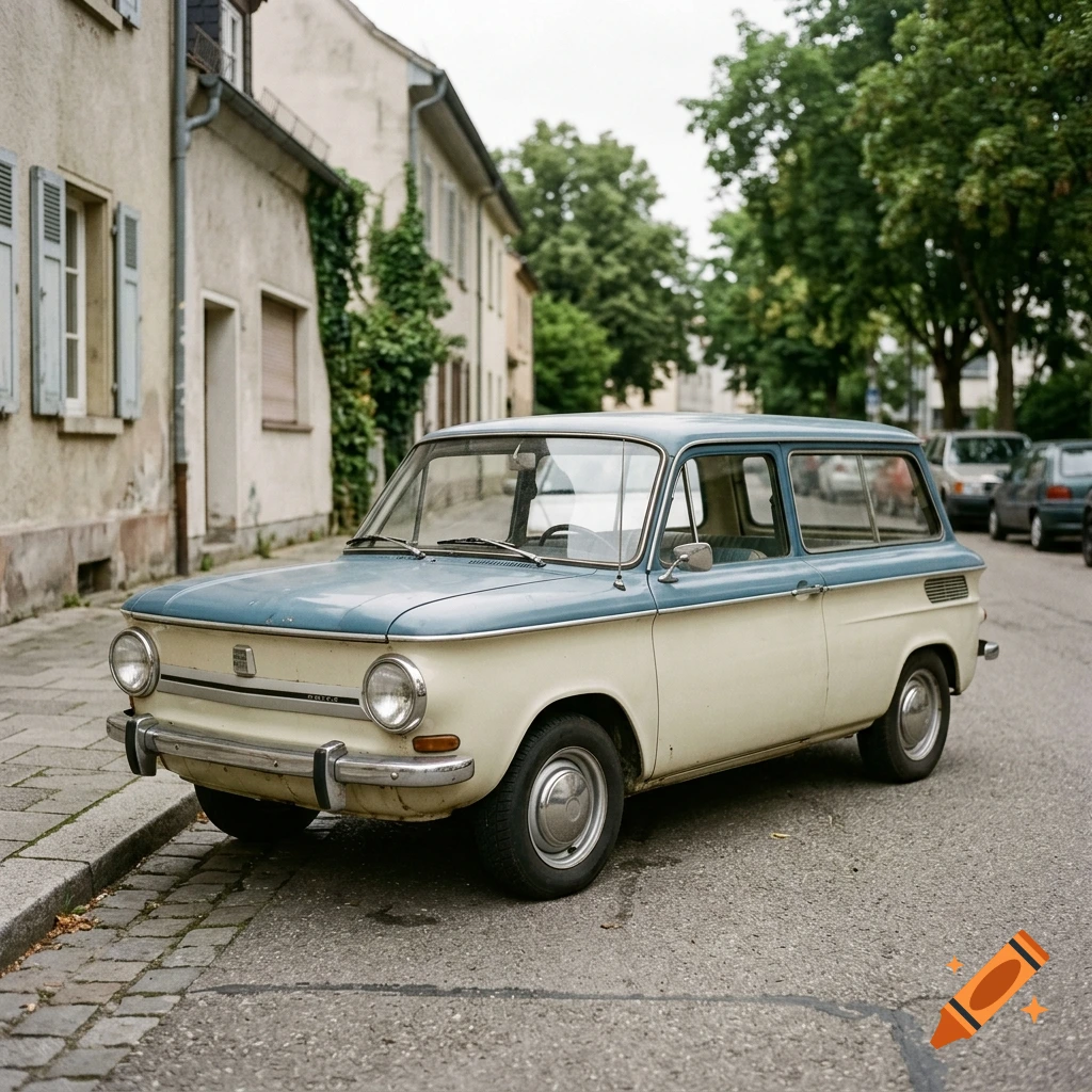 Photorealistic image of a vintage blue and cream hatchback wagon parked on a European city street.