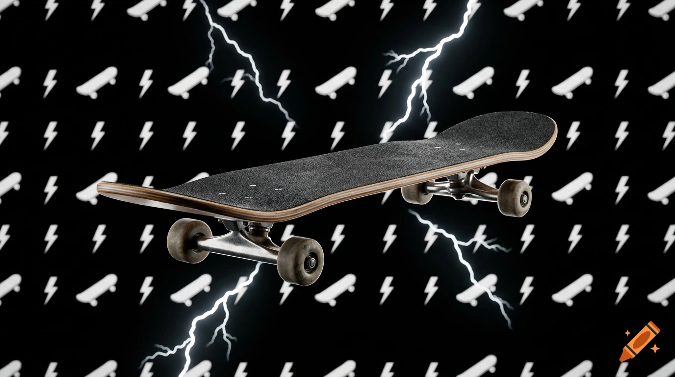 A realistic 3D skateboard floating in mid-air against a black background with a seamless pattern of white skateboards and lightning bolts.