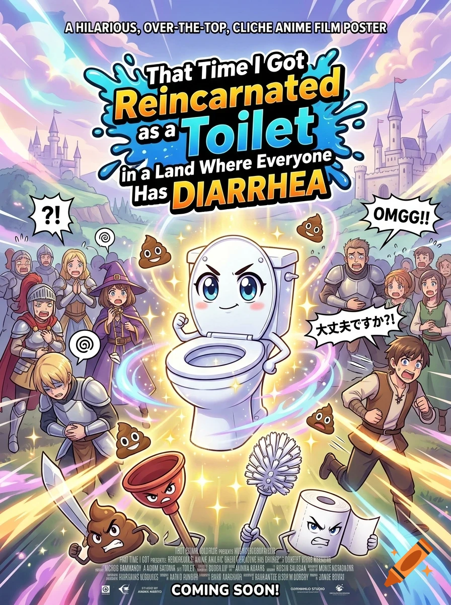 A parody anime movie poster depicting an anthropomorphic toilet surrounded by panicked fantasy characters, floating poop icons, and glowing magical energy.