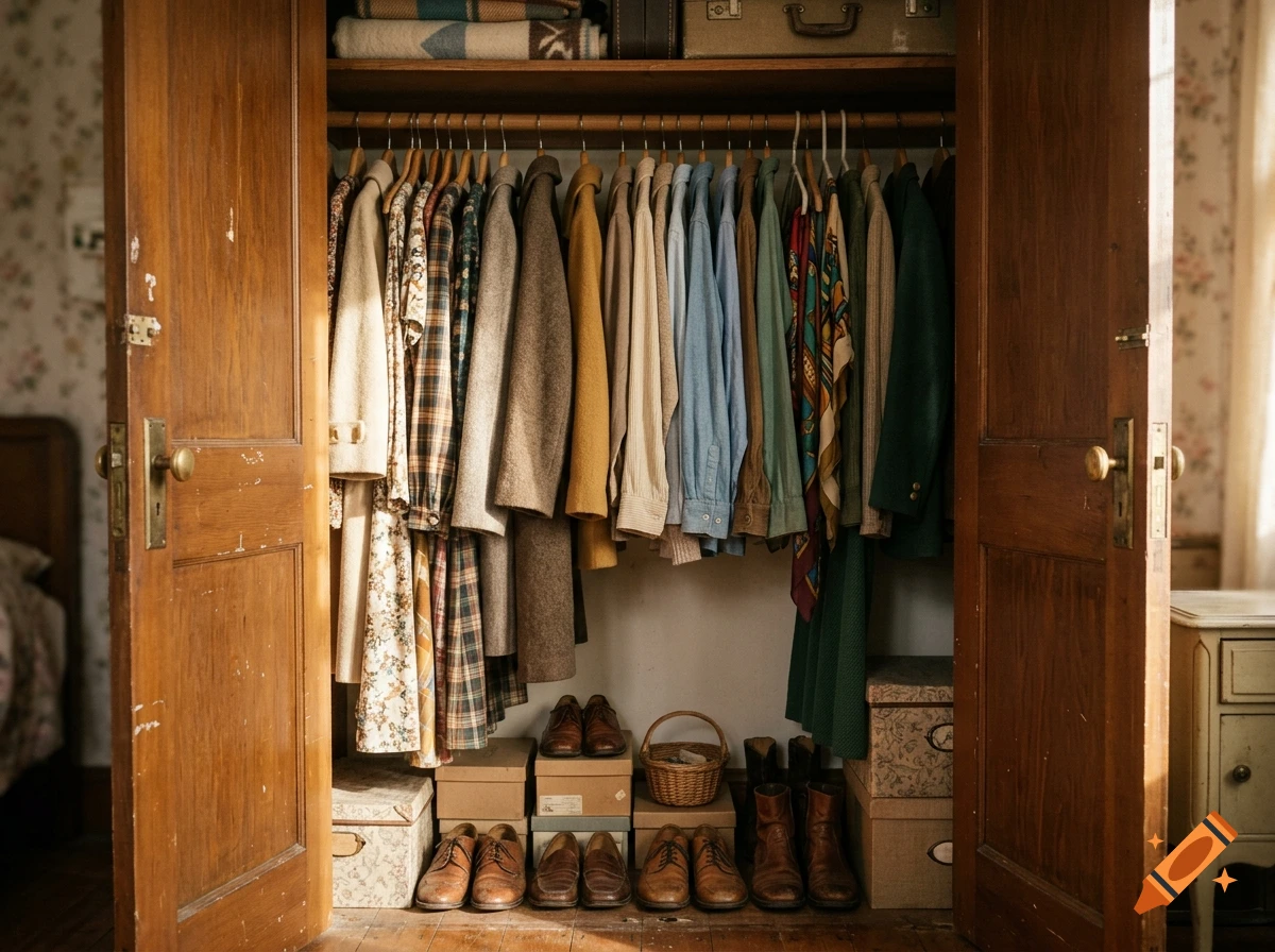 Vintage wooden closet filled with hanging clothes, coats, and shoes on the floor in a nostalgic bedroom setting, photorealistic.