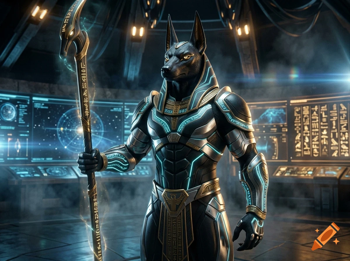 Anubis-inspired humanoid figure in futuristic metallic armor holding an inscribed staff inside a sci-fi command center with glowing screens.