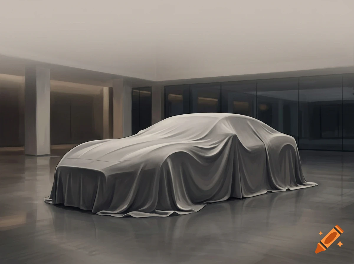 A car covered with a grey sheet inside a large showroom or garage.