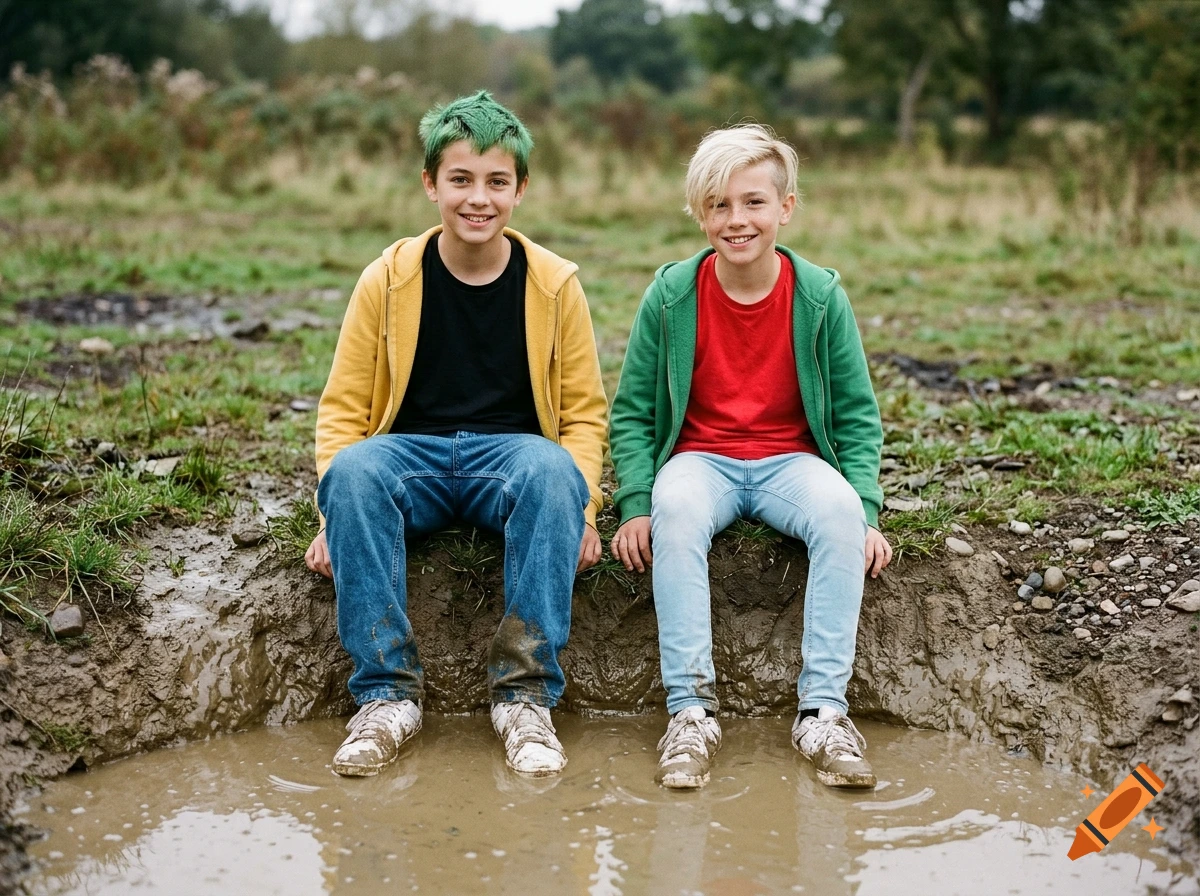 Photorealistic two shot of two teenage boys sitting on the edge of a muddy pit with their feet submerged, smiling.