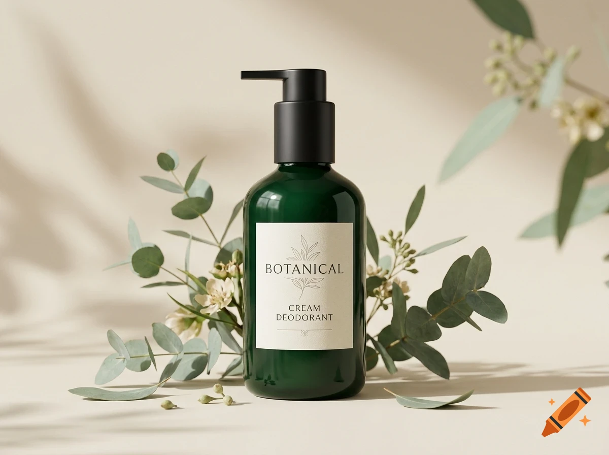 A dark green pump bottle labeled 'BOTANICAL CREAM DEODORANT' rests against a neutral background, surrounded by delicate eucalyptus sprigs and small white flowers.