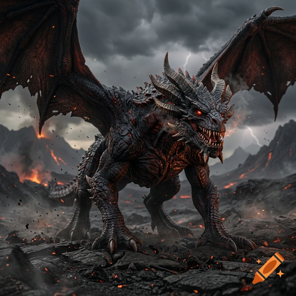 A detailed photorealistic demon dragon with glowing red eyes and black scaled wings standing on volcanic rock under a stormy sky.