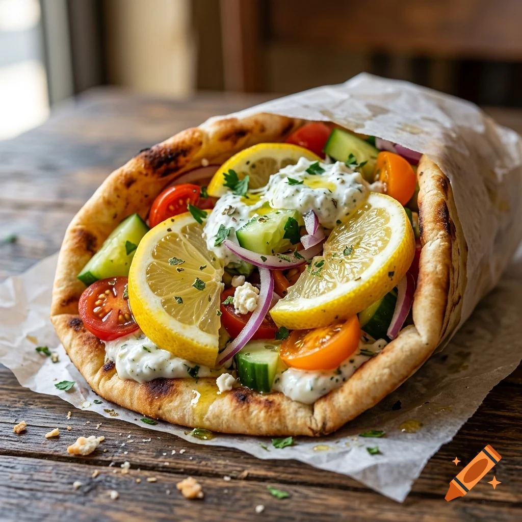 A close-up photo of a gyro wrap filled with tomatoes, cucumbers, red onions, lemon slices, tzatziki sauce, and feta cheese, wrapped in parchment paper on a wooden table.