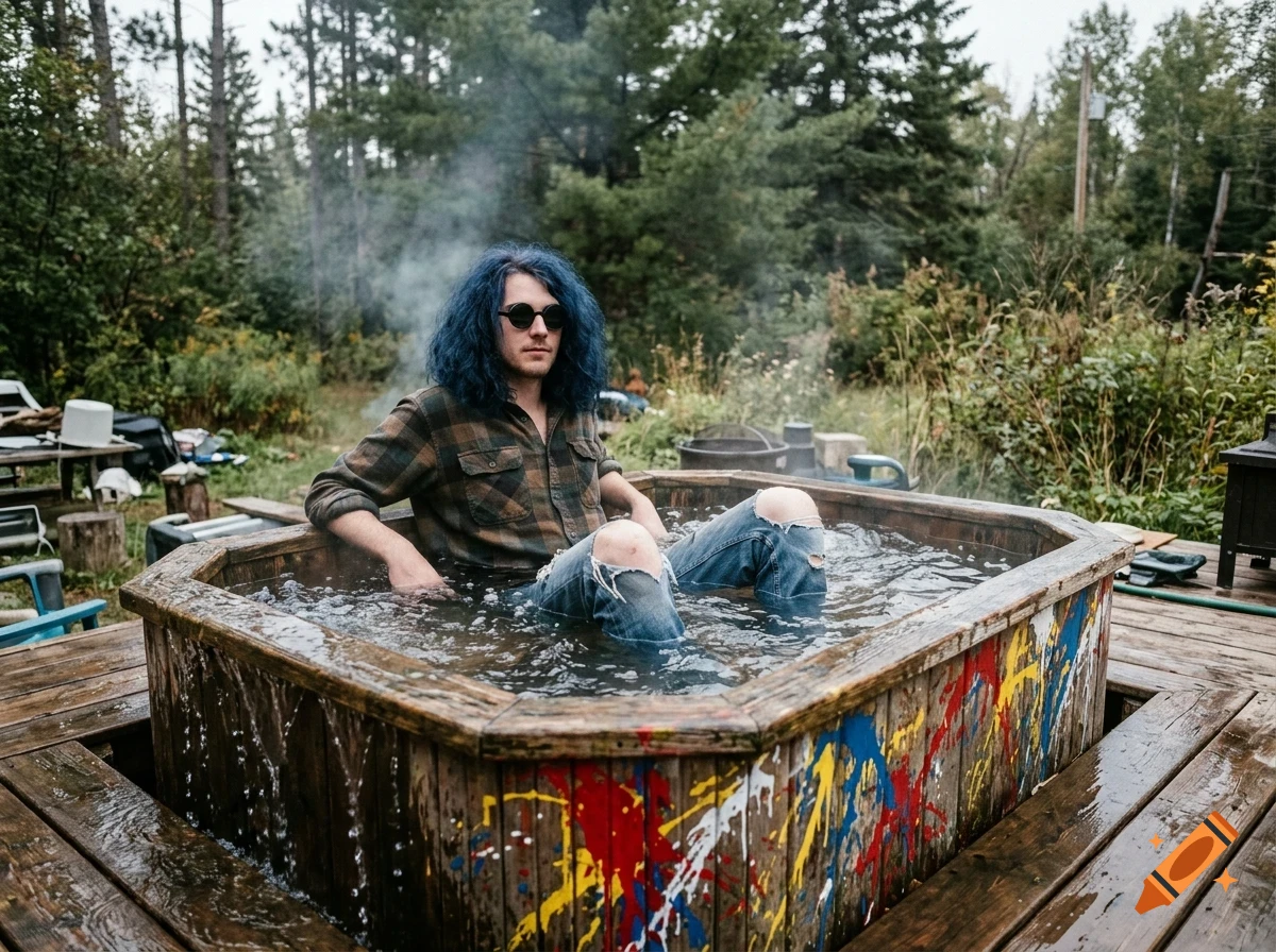 A person with blue hair and sunglasses relaxing in a rustic, wooden hot tub outdoors amid trees.