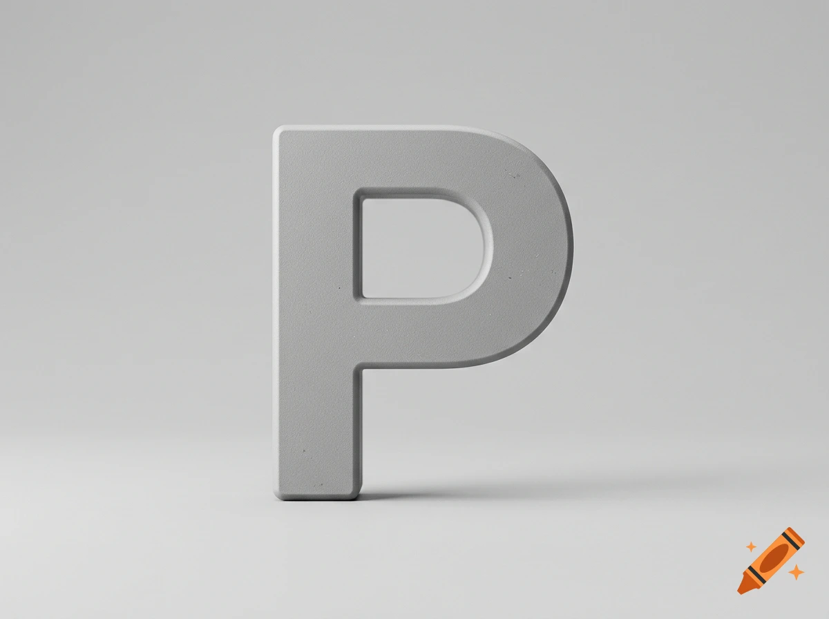 A 3D rendered uppercase letter P in matte grey concrete against a light grey background.
