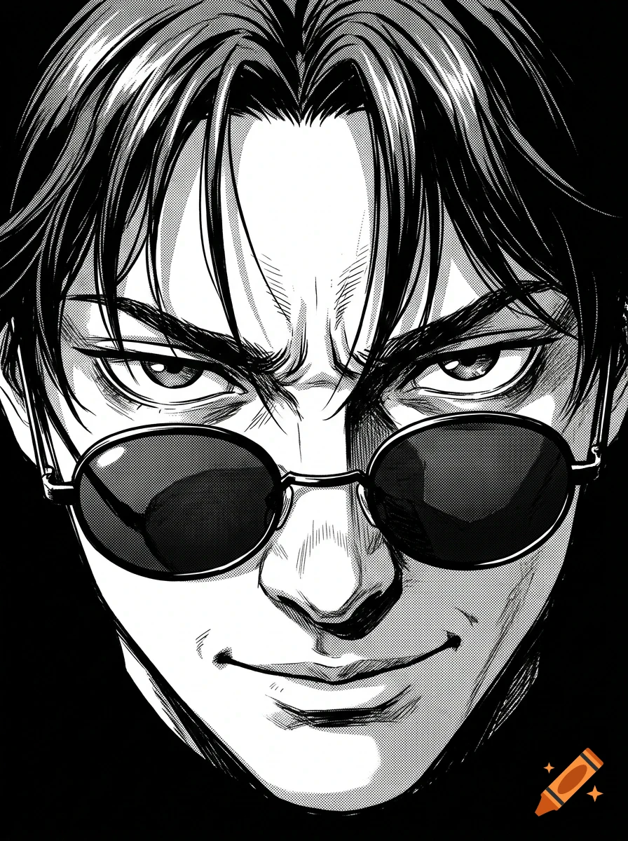 Close-up black and white manga style portrait of a man wearing round sunglasses with a confident smirk.