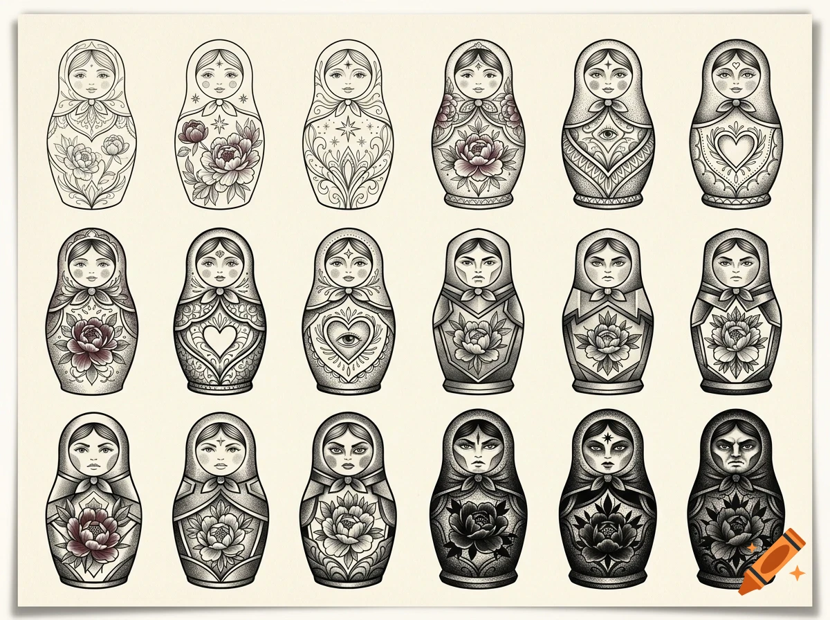 An array of eighteen black and grey illustrated Russian nesting dolls with intricate decorative patterns and floral designs.