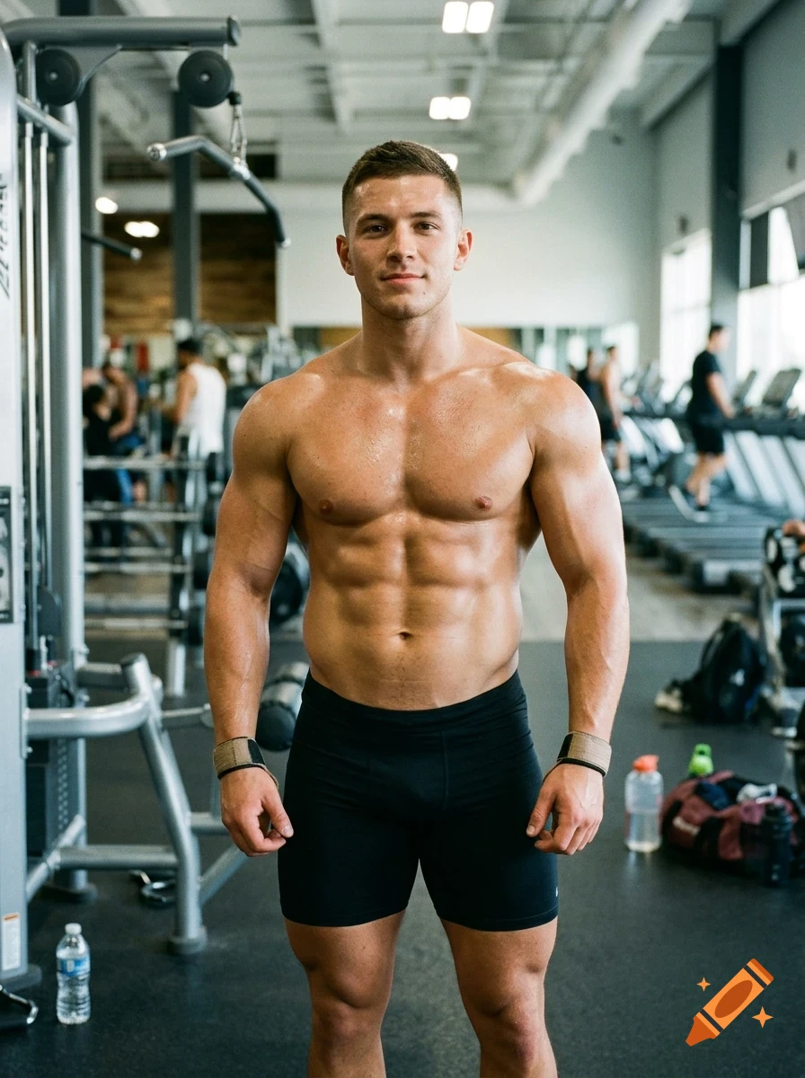 A muscular man stands shirtless in a gym with exercise equipment in the background.