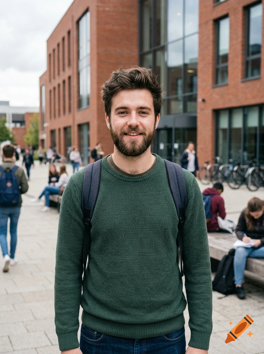 A smiling young man with a beard and a backpack stands outdoors in front of a brick building.