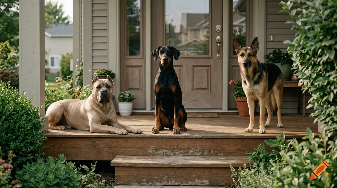 Photorealistic image of three dogs waiting on the wooden porch of a suburban house.