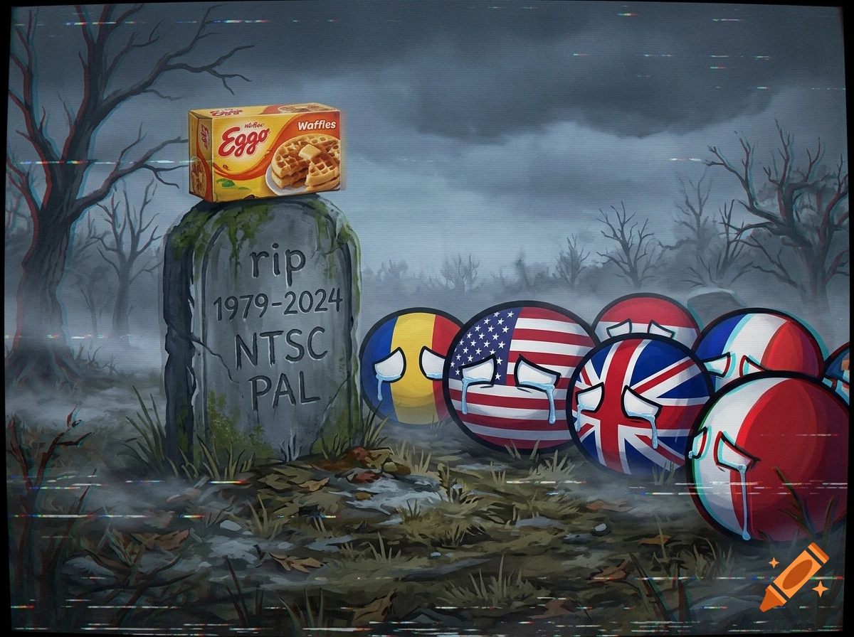 Countryballs characters crying around a gravestone with an Eggo waffles box on top, featuring a retro CRT glitch effect.