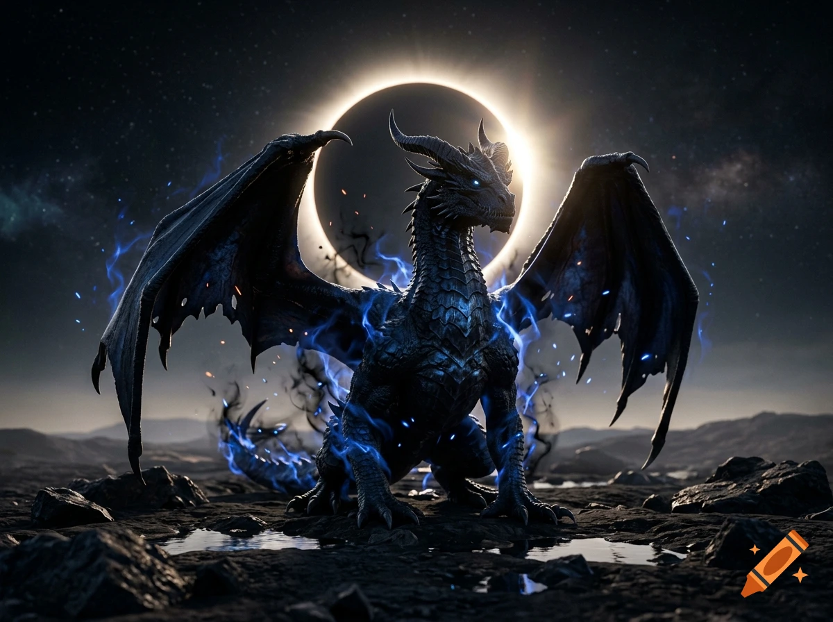 A detailed dark blue dragon with glowing wings amidst blue flame magic, posed against a rocky terrain with a total solar eclipse in the starry night sky, photorealistic style.