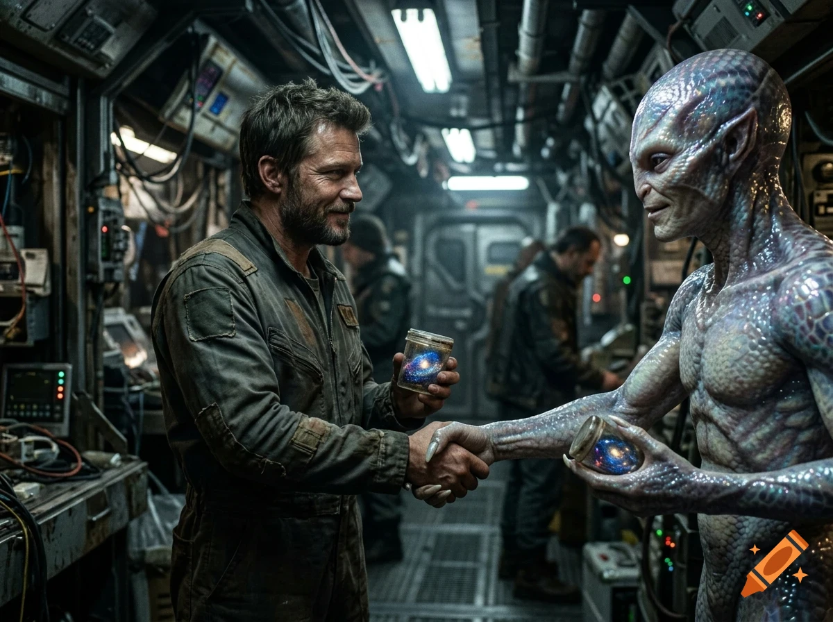 A human astronaut and an alien shake hands inside a futuristic spacecraft.