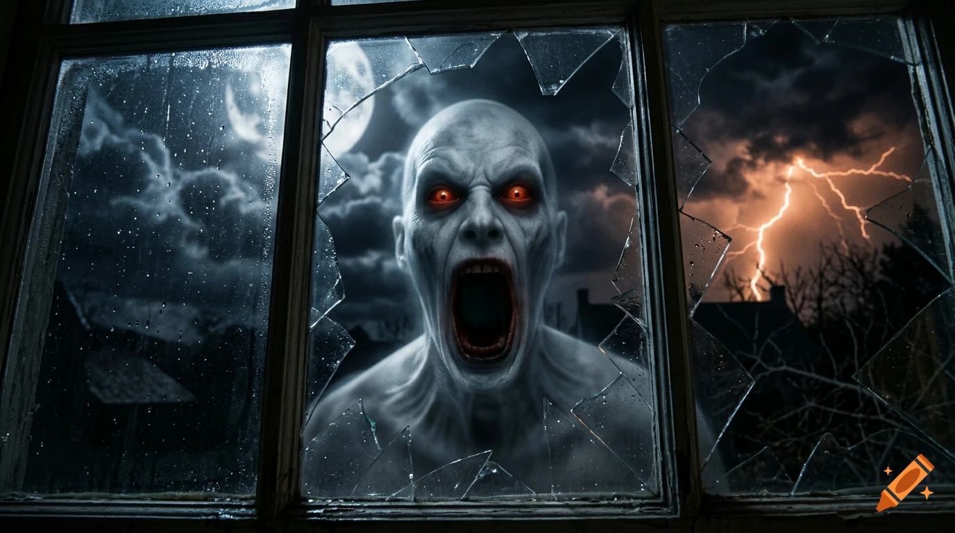 Cinematic 3D horror scene of a pale white specter with glowing red eyes peering through a smashed window at midnight.