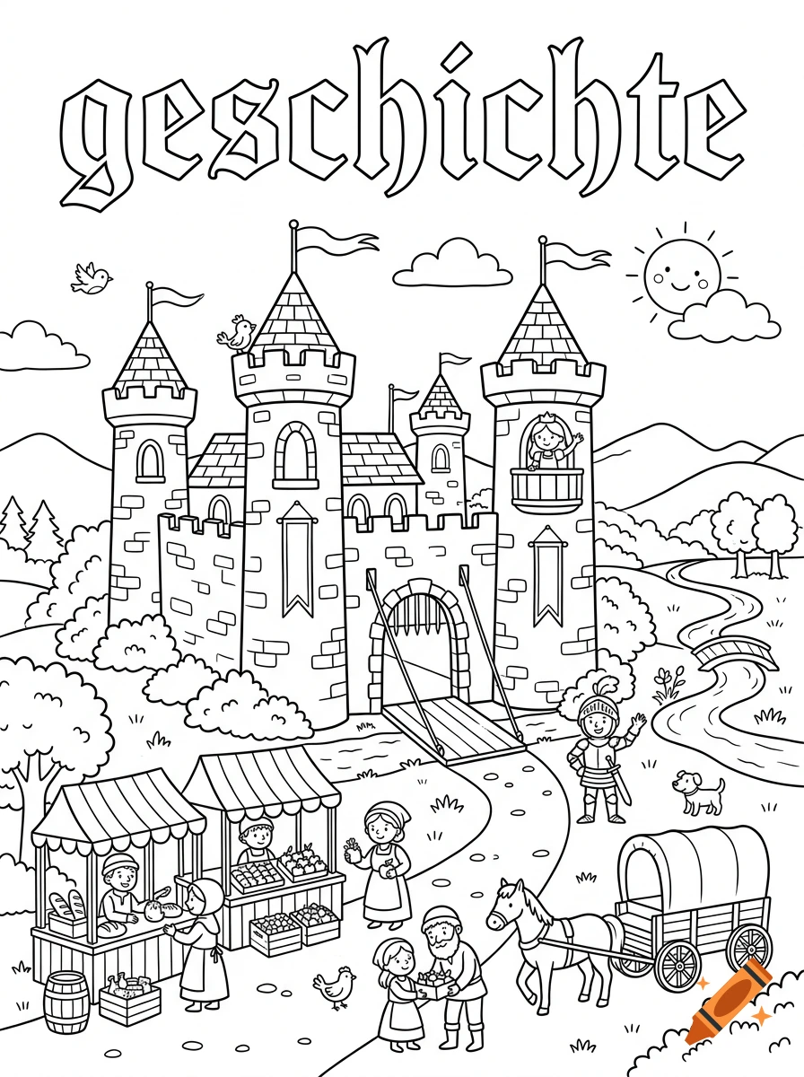 Black and white medieval coloring page featuring a castle, marketplace, people, and the word 'geschichte' at the top.
