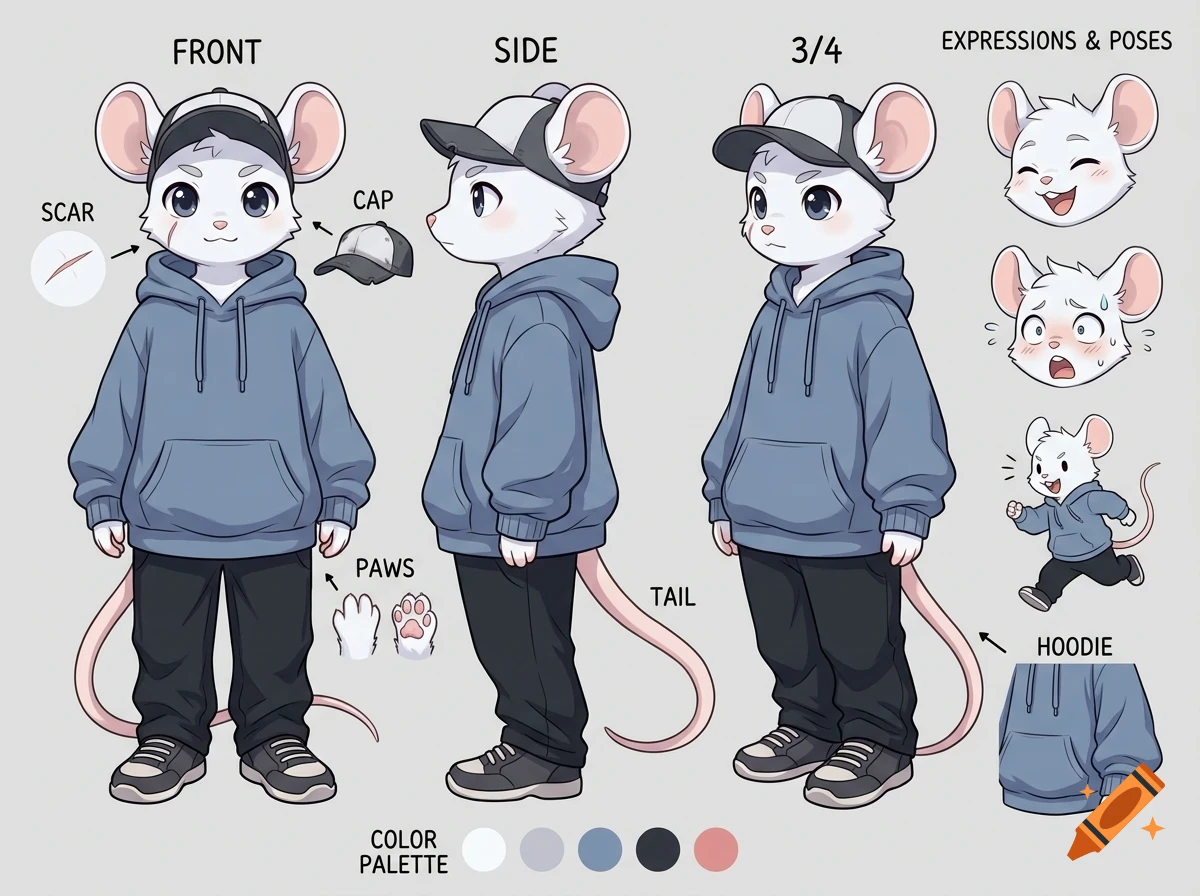 Character design sheet showing a white anthropomorphic mouse wearing a blue hoodie, black pants, and a cap from front, side, and three-quarter angles, along with facial expressions, paw details, and a color palette.