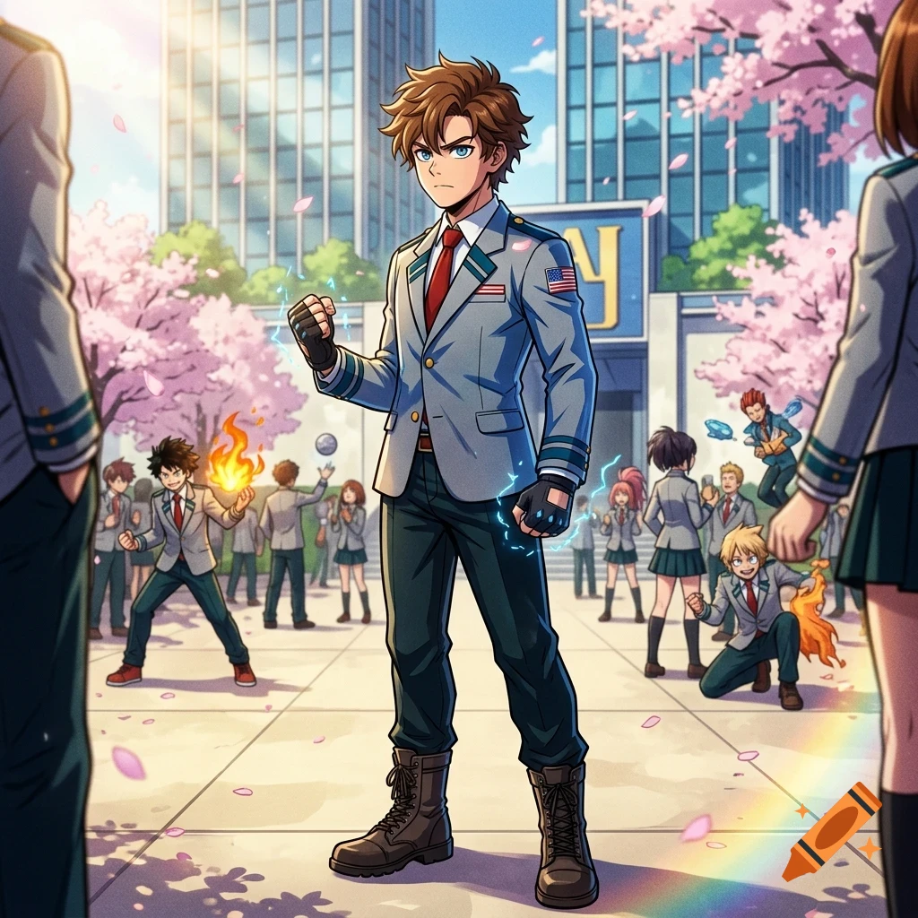 An anime-style illustration of a male student in a uniform standing in front of a school with other students using superpowers.
