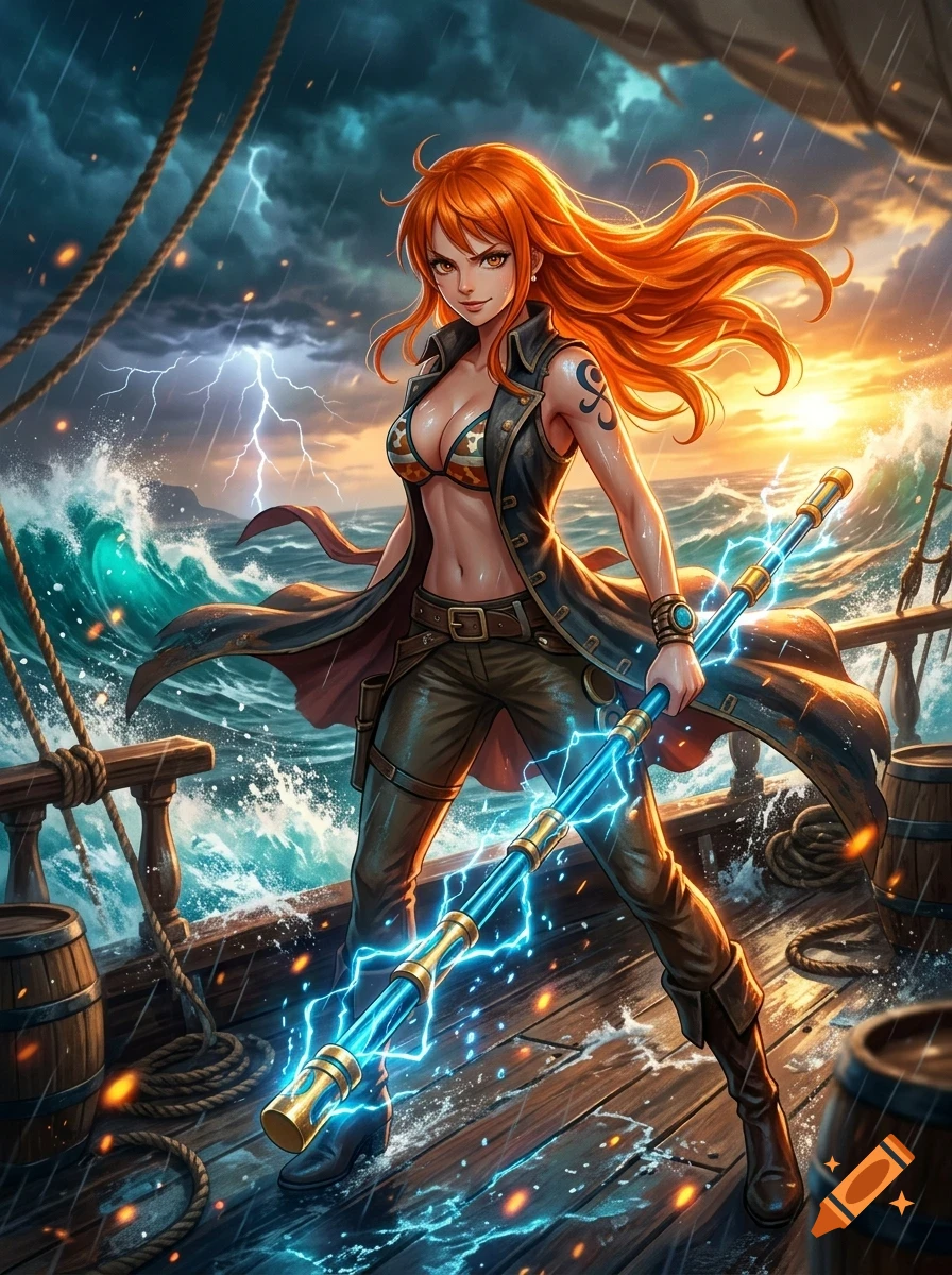 An orange-haired female anime character holding an electrified staff on a wooden ship deck during a stormy sea sunset.