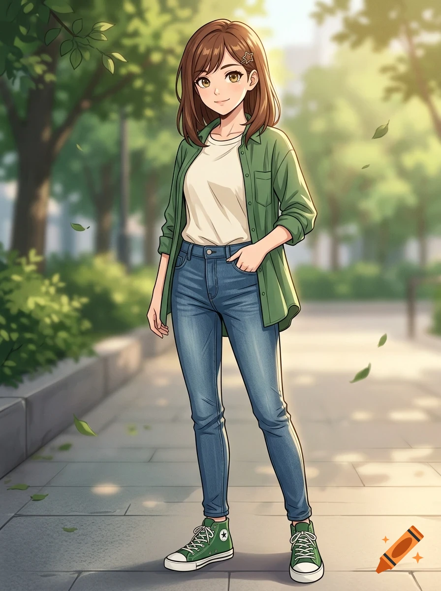 An anime-style illustration of a young woman with brown hair standing on a path in a park, wearing a white t-shirt, green open shirt, blue jeans, and green sneakers, with leaves blowing in the air.