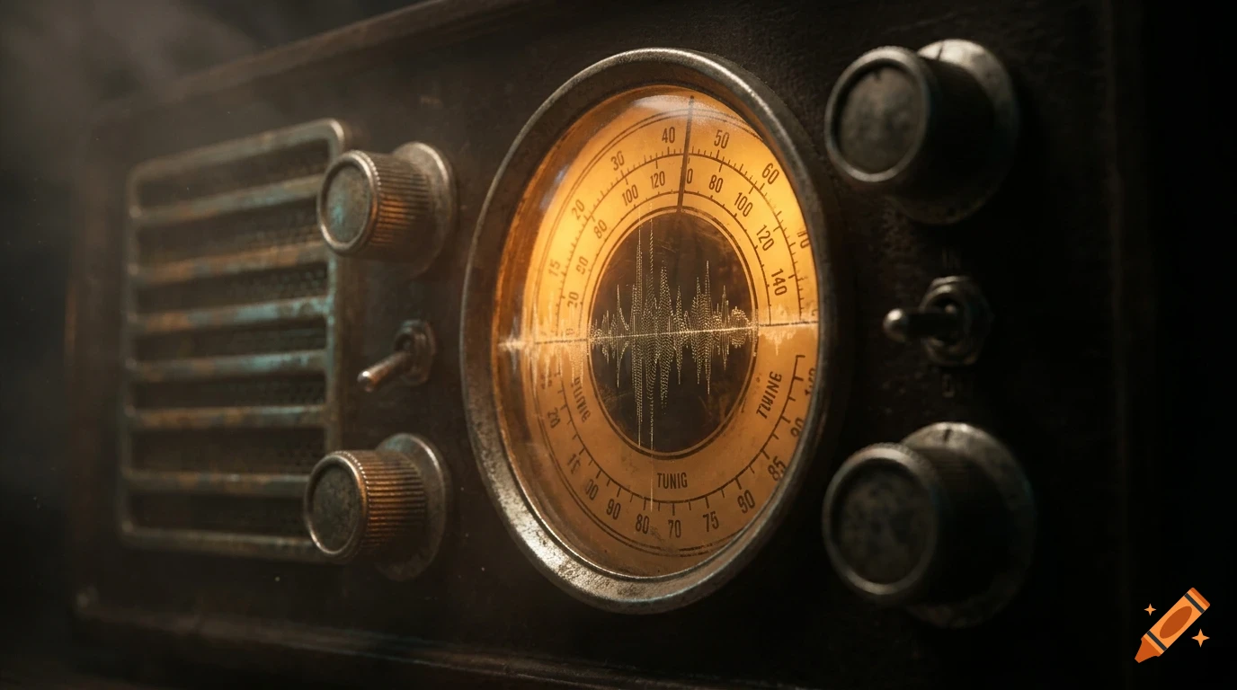 Close-up of a vintage radio with a glowing yellow circular tuning dial and sound wave display, flanked by knobs and a speaker grille.