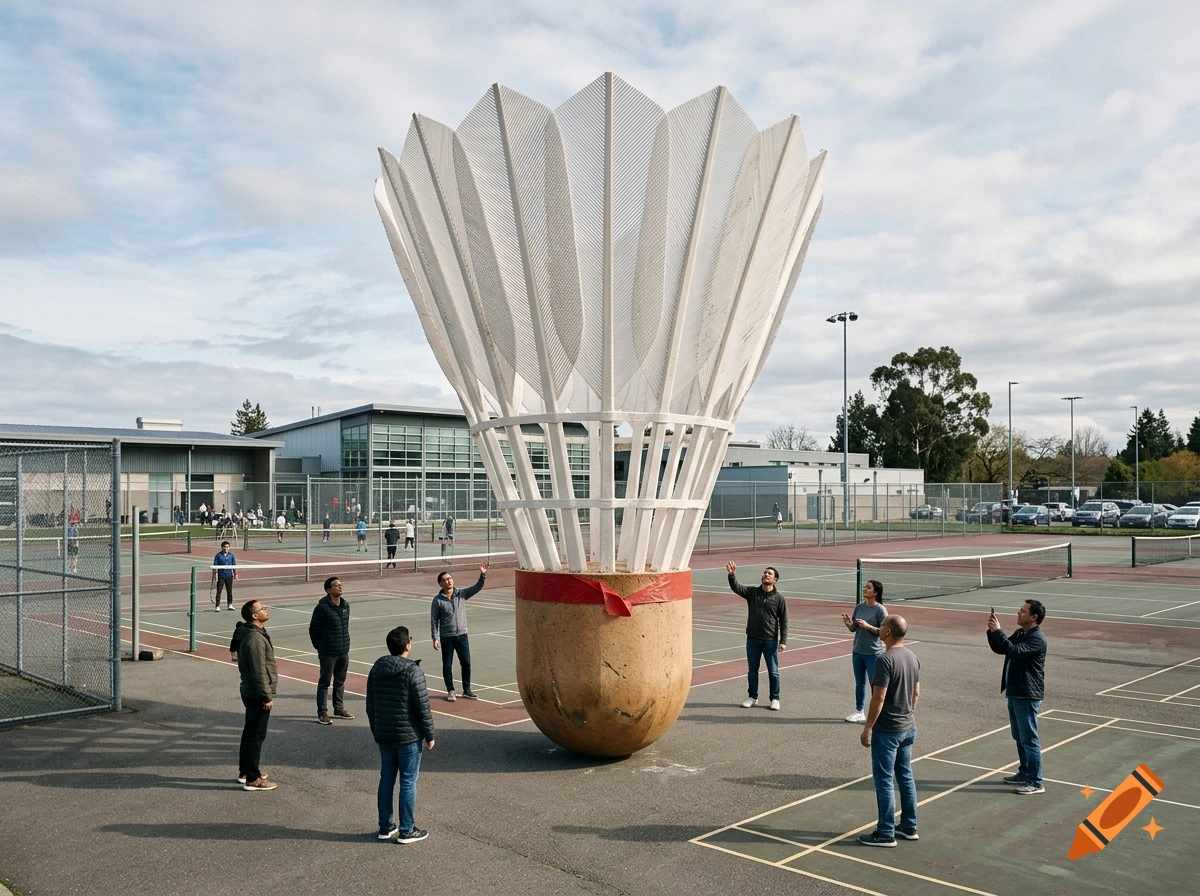Photorealistic image of a gigantic 18-foot shuttlecock standing on a tennis court with normal-sized people looking up at it.