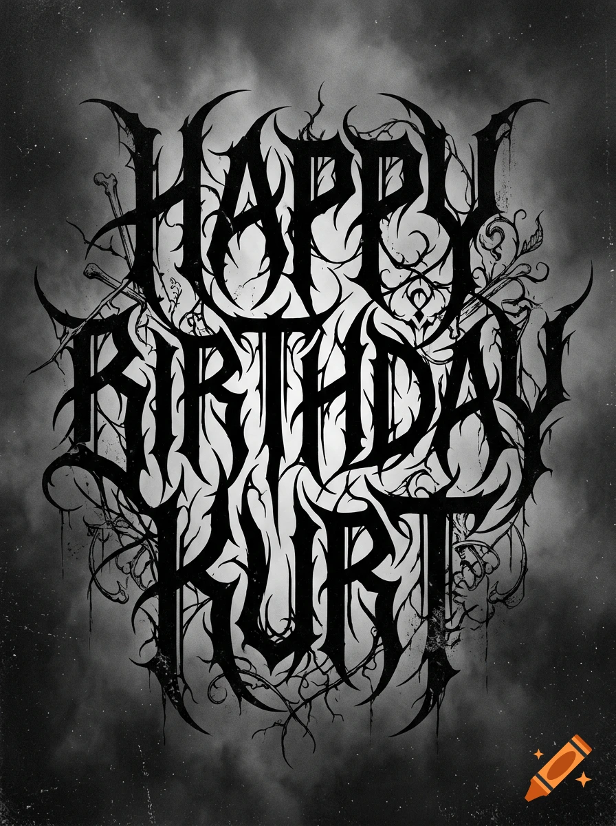 Black death metal style typography reading HAPPY BIRTHDAY KURT in a jagged, thorny font against a smoky dark background.