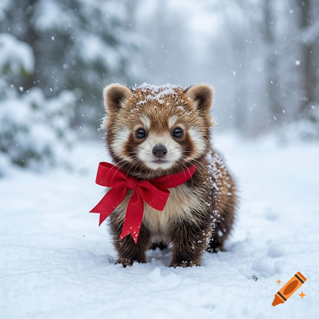 A fluffy red panda wearing a red bow stands in a snowy forest during snowfall.
