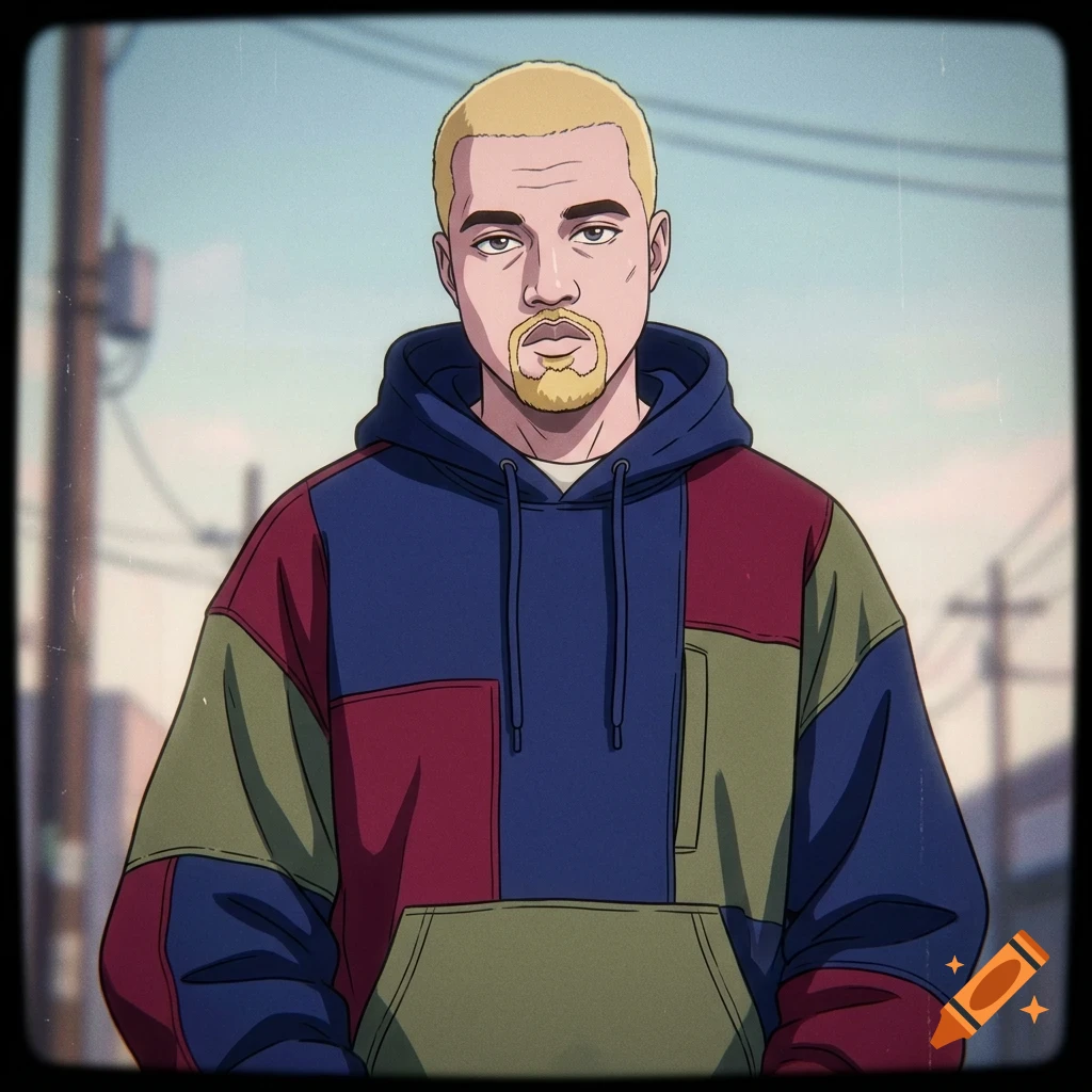 An illustrated portrait of a man with blonde hair and a goatee, wearing a color-blocked hoodie against an outdoor street background.