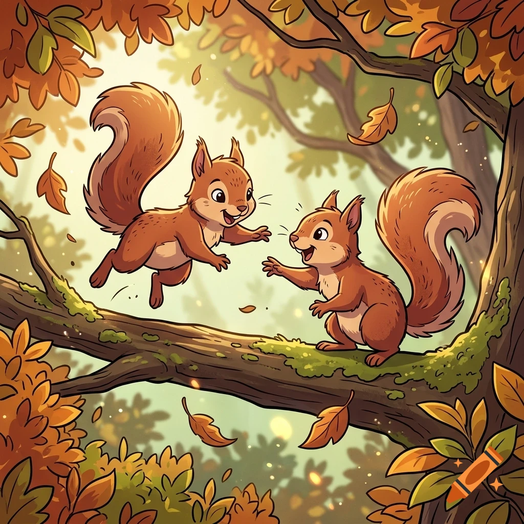 Two cartoon squirrels playing on a mossy tree branch surrounded by autumn leaves.