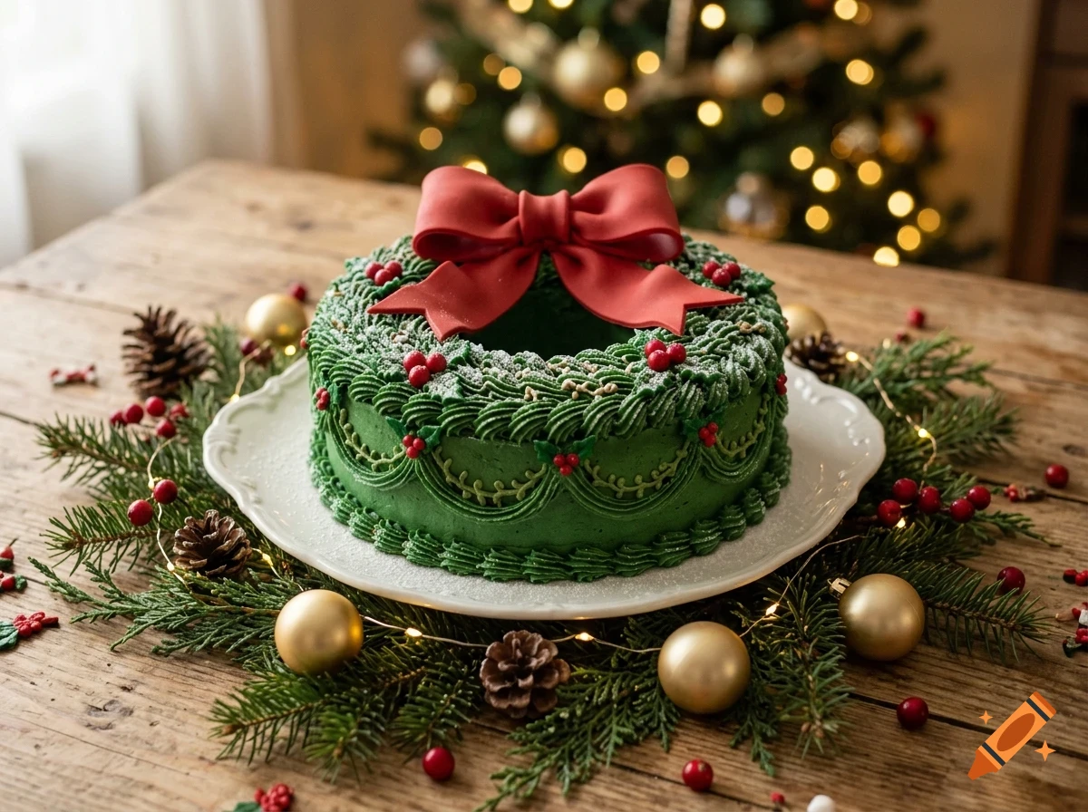 A festive green wreath-shaped cake decorated with a large red bow and red berries, resting on a white plate atop a wooden table with pine branches and lights.