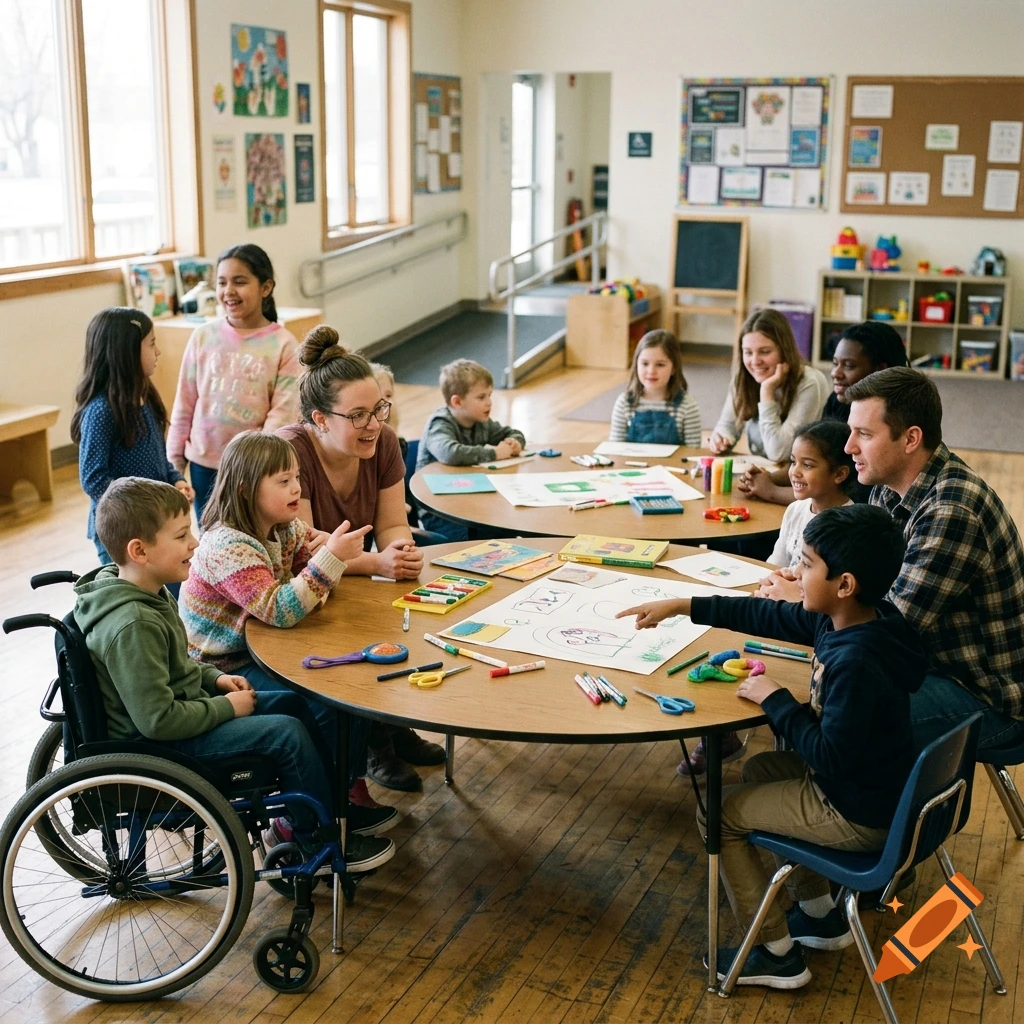 An inclusive group of children and adults engaged in activities around round tables inside a brightly lit classroom.