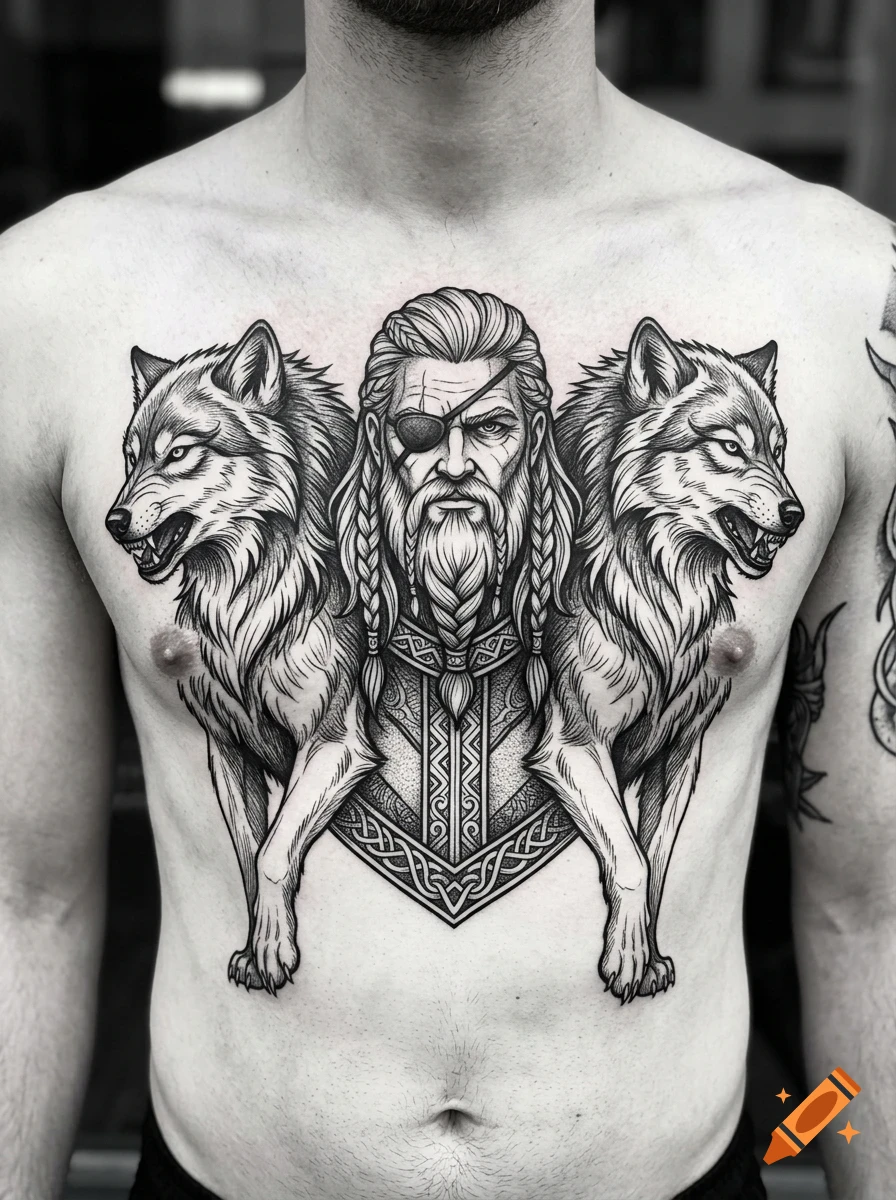 A black and grey chest tattoo featuring a Norse warrior with an eyepatch flanked by two wolves in an intricate linework style.