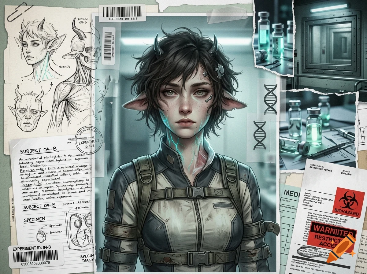 A collage showing a fictional female subject with horns, medical notes, anatomical diagrams, and science laboratory equipment.