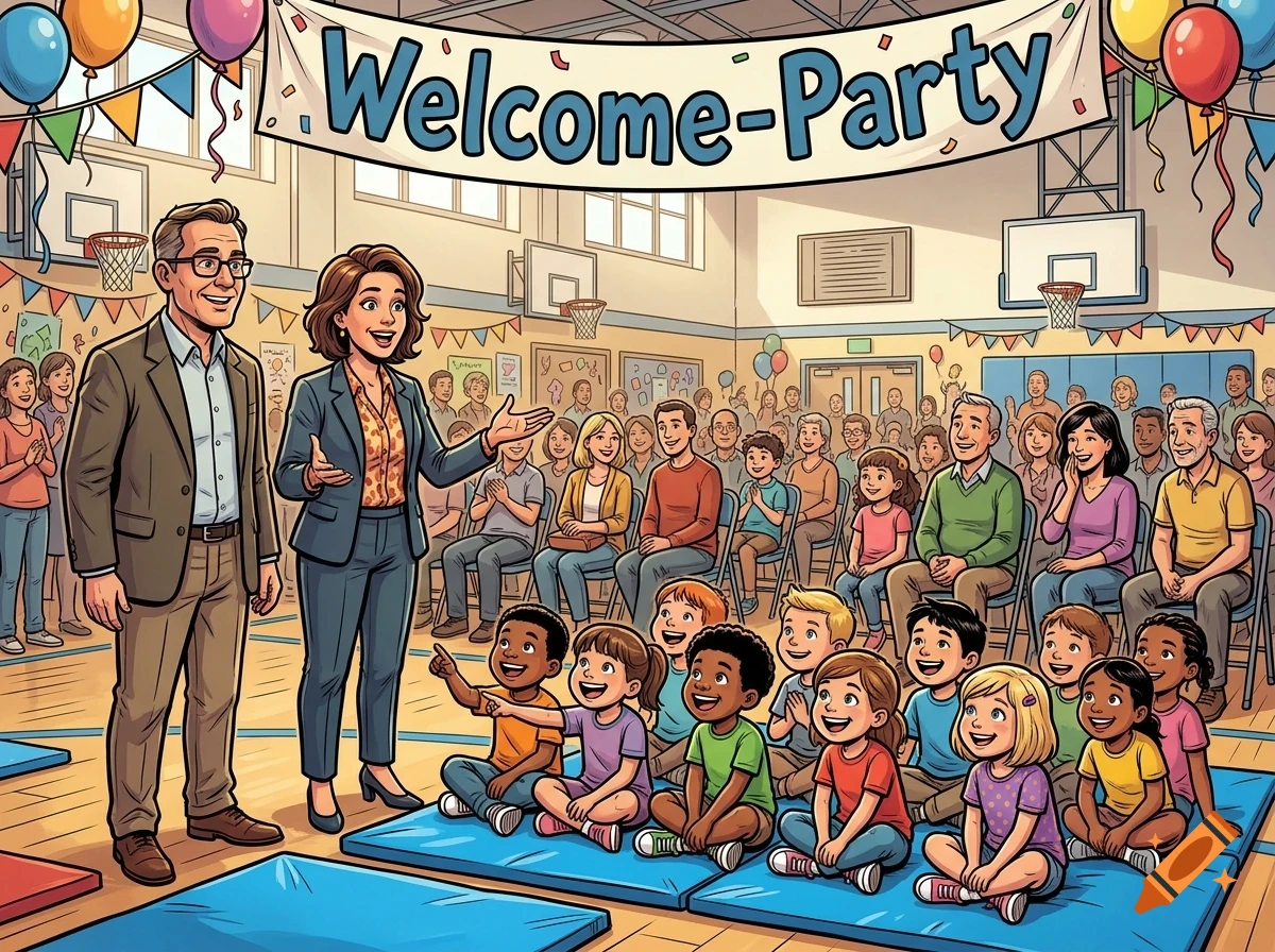 An illustrated scene in a school gym with a banner reading 'Welcome-Party', featuring a man and woman welcoming a crowd of seated children and adults.