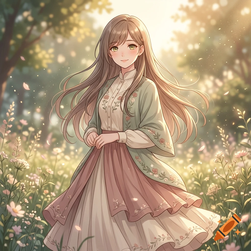 Anime style illustration of a young woman with long light brown hair and hazel green eyes standing in a sunlit meadow of wildflowers.