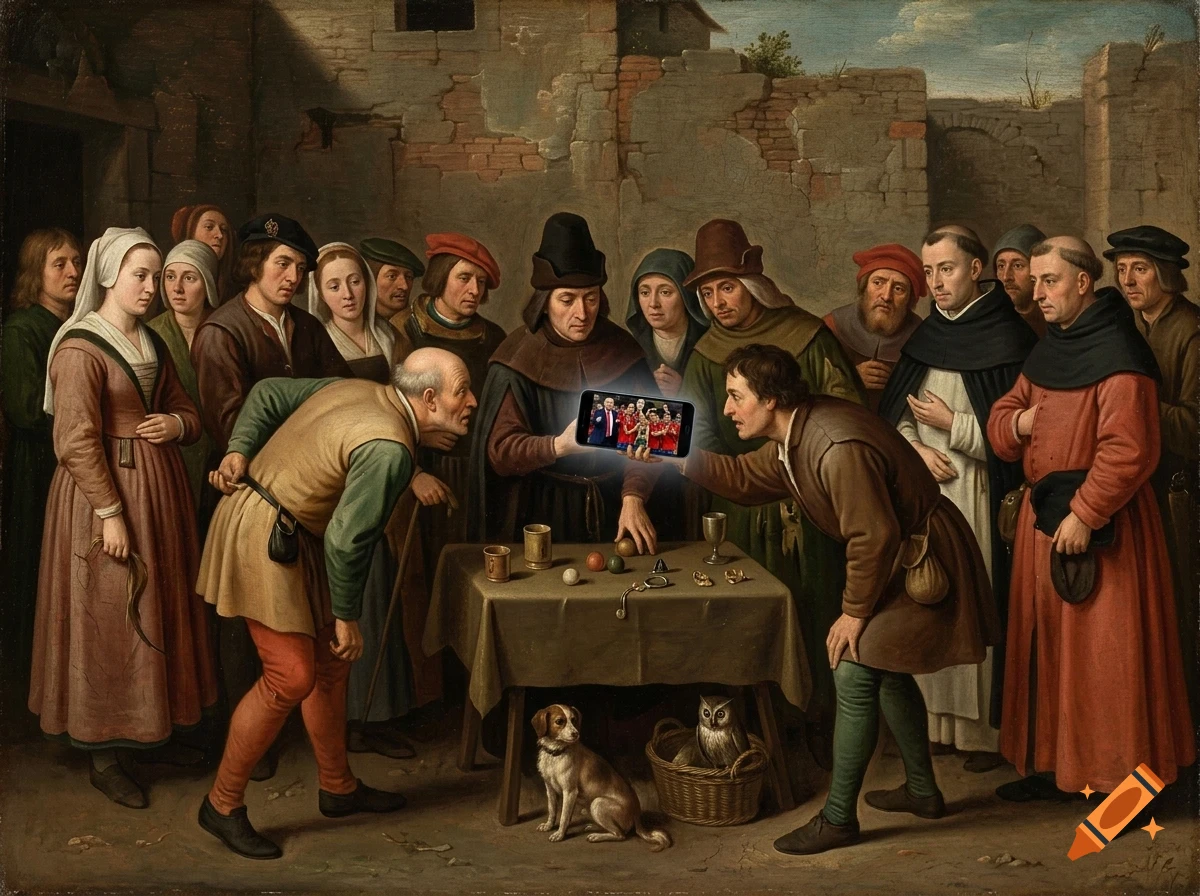 An oil painting of a crowd of historical figures gathered around a table with a glowing smartphone, surrounded by animals including a dog and an owl.