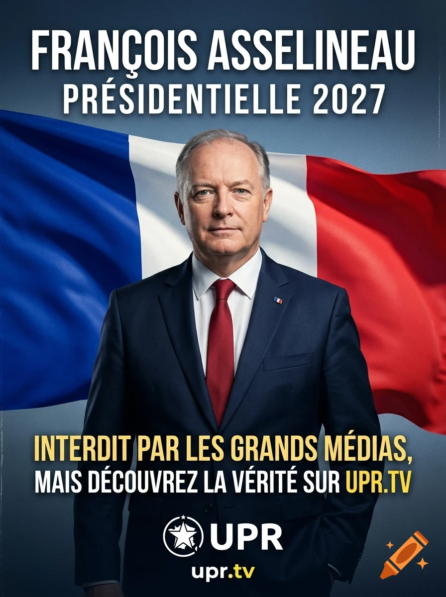 Portrait of François Asselineau in a dark suit and red tie, with a French flag in the background, on a campaign poster.